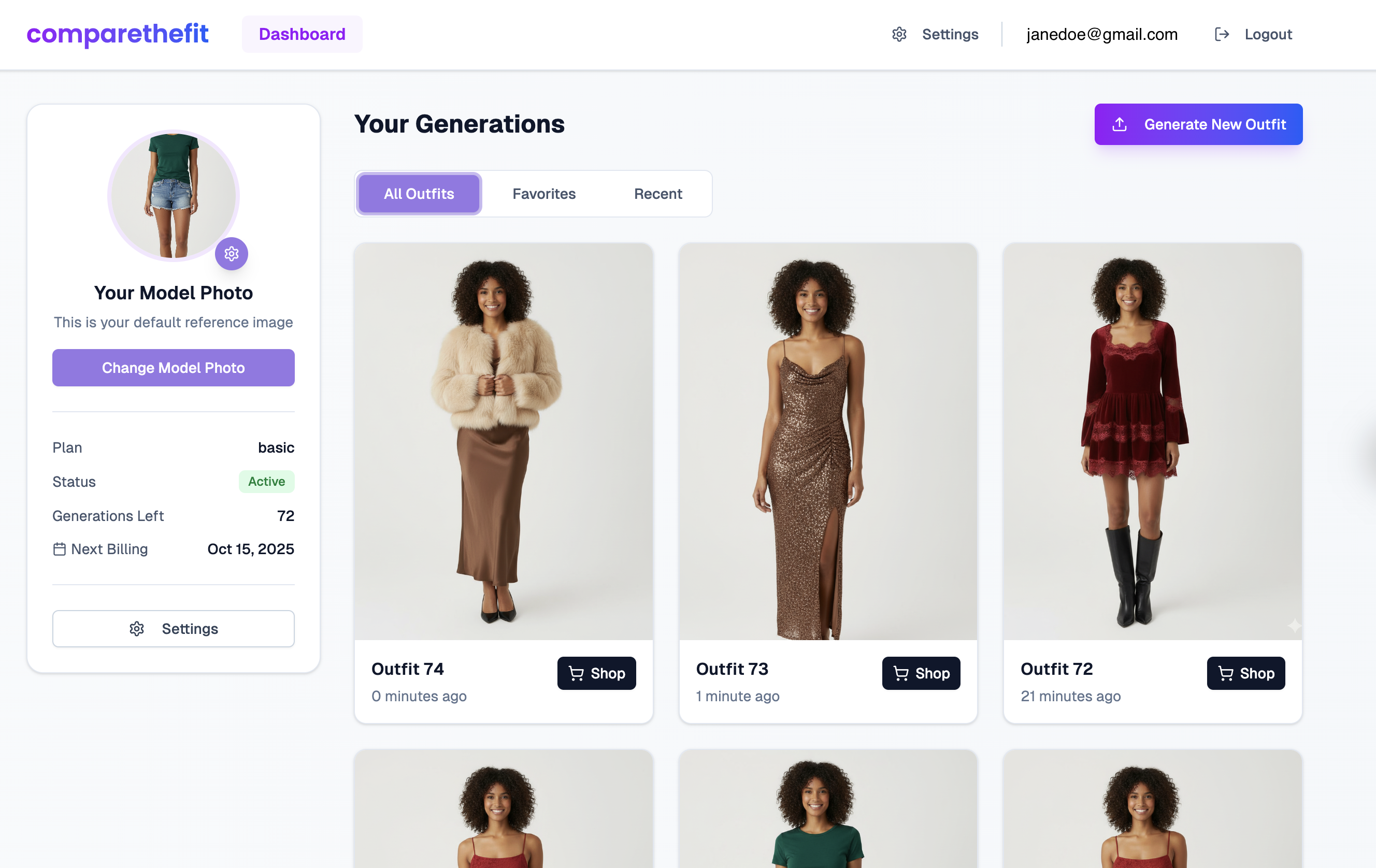 CompareTheFit Dashboard showing outfit generations